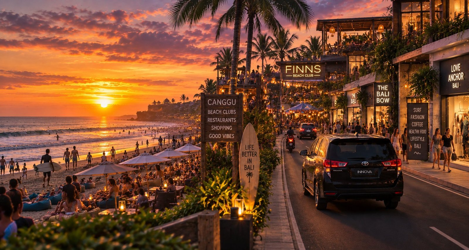 Canggu coast and tropical Bali scenery for a private transfer route